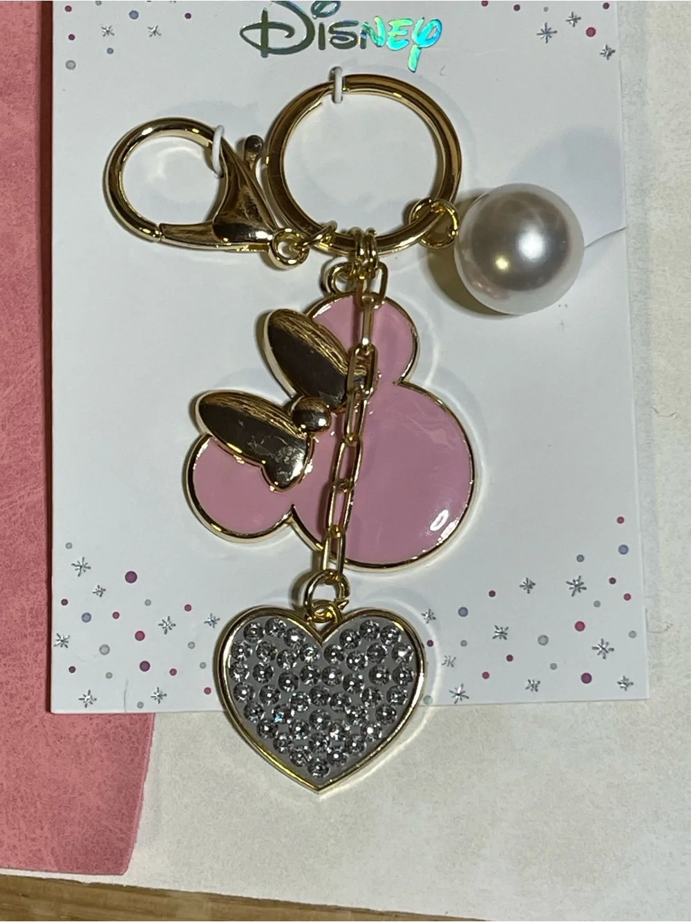 NWT Disney Gold-Tone Pink Minnie Mouse Key Chain / Crystal Heart/ Faux Pearl